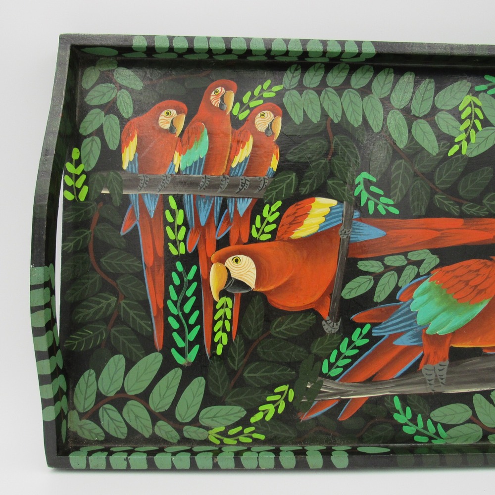 Vtg Parrot Macaw Folk Art Wood Serving Tray Hand Painted Tropical Tiki Signed - Picture 3 of 8